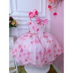 Vestido Infantil Rosa Florido C/ Cinto de Pérolas e Strass