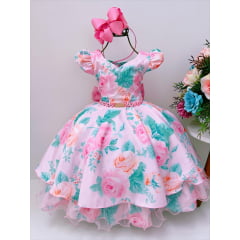 Vestido Infantil Rosa Florido C/ Pérolas e Strass Luxo