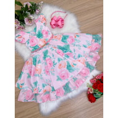 Vestido Infantil Rosa Florido C/ Pérolas e Strass Luxo