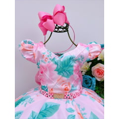 Vestido Infantil Rosa Florido C/ Pérolas e Strass Luxo