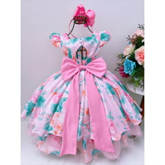 Vestido Infantil Rosa Florido C/ Pérolas e Strass Luxo