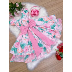 Vestido Infantil Rosa Florido C/ Pérolas e Strass Luxo