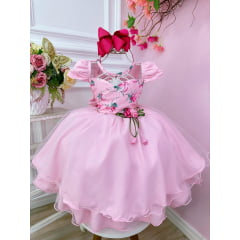 Vestido Infantil Rosa Florido Com Broche de Flor Festas Luxo