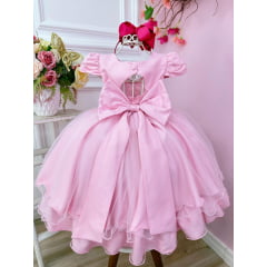 Vestido Infantil Rosa Florido Com Broche de Flor Festas Luxo