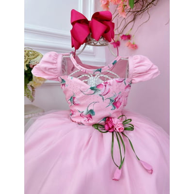 Vestido Infantil Rosa Florido Com Broche de Flor Festas Luxo