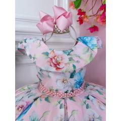 Vestido Infantil Rosa Floral Jardim C/ Cinto de Pérolas
