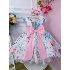Vestido Infantil Rosa Floral Jardim C/ Cinto de Pérolas