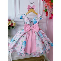 Vestido Infantil Rosa Floral Jardim C/ Cinto de Pérolas