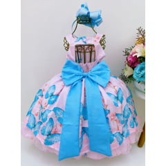 Vestido Infantil Rosa Jardim das Borboletas Azul Aplique