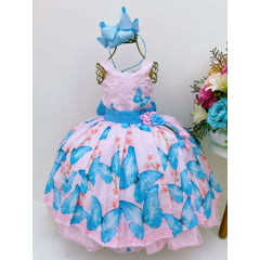 Vestido Infantil Rosa Jardim das Borboletas Azul Aplique