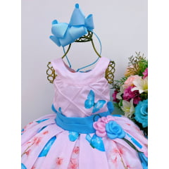 Vestido Infantil Rosa Jardim das Borboletas Azul Aplique