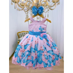 Vestido Infantil Rosa Jardim das Borboletas Azul Aplique