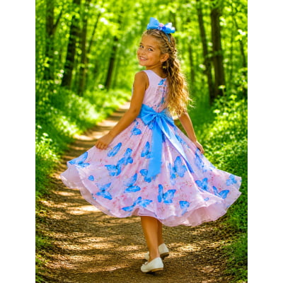 Vestido Infantil Rosa Jardim das Borboletas Azul Aplique
