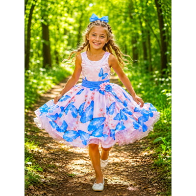 Vestido Infantil Rosa Jardim das Borboletas Azul Aplique