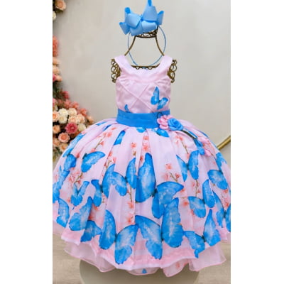 Vestido Infantil Rosa Jardim das Borboletas Azul Aplique
