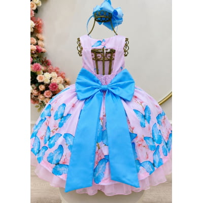 Vestido Infantil Rosa Jardim das Borboletas Azul Aplique