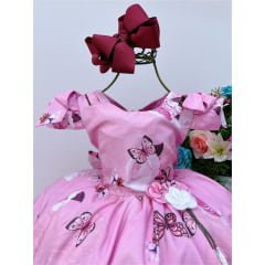 Vestido Infantil Rosa Jardim das Borboletas Broche Flor Luxo