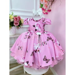 Vestido Infantil Rosa Jardim das Borboletas Broche Flor Luxo