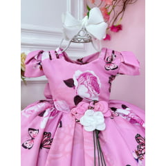 Vestido Infantil Rosa Jardim das Borboletas Broche Flor Luxo