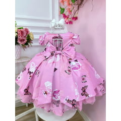 Vestido Infantil Rosa Jardim das Borboletas Broche Flor Luxo