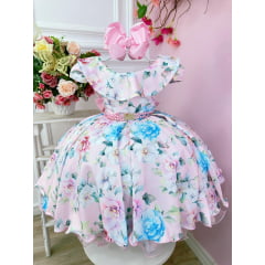 Vestido Infantil Rosa Jardim Encantado e Cinto Pérolas Damas