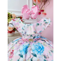 Vestido Infantil Rosa Jardim Encantado e Cinto Pérolas Damas