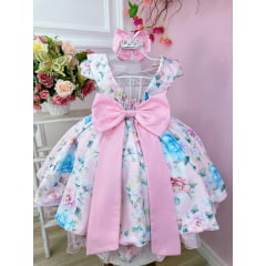 Vestido Infantil Rosa Jardim Encantado e Cinto Pérolas Damas