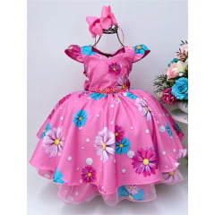 Vestido Infantil Rosa Margaridas Cinto Pérolas Stass Luxo