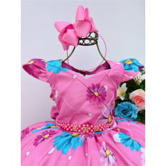 Vestido Infantil Rosa Margaridas Cinto Pérolas Stass Luxo