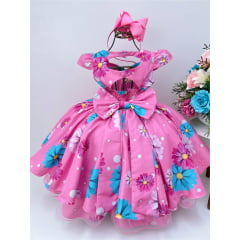 Vestido Infantil Rosa Margaridas Cinto Pérolas Stass Luxo