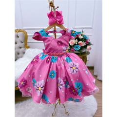 Vestido Infantil Rosa Margaridas Cinto Pérolas Stass Luxo