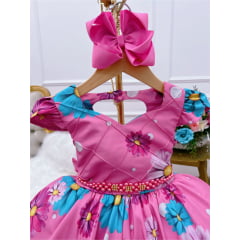 Vestido Infantil Rosa Margaridas Cinto Pérolas Stass Luxo