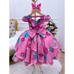 Vestido Infantil Rosa Margaridas Cinto Pérolas Stass Luxo