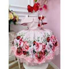 Vestido Infantil Rosa Busto Nervura Florido C/ Broche