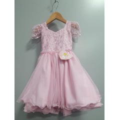 Vestido Infantil Rosa Renda Cinto de Pérolas Festas