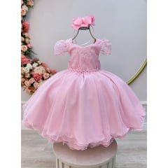 Vestido Infantil Rosa Renda Cinto de Pérolas Festas