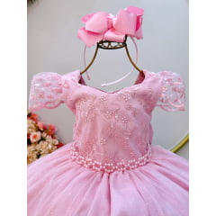 Vestido Infantil Rosa Renda Cinto de Pérolas Festas