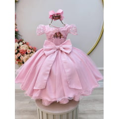 Vestido Infantil Rosa Renda Cinto de Pérolas Festas