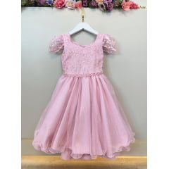 Vestido Infantil Rosa Renda Cinto de Pérolas Festas