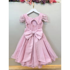 Vestido Infantil Rosa Renda Cinto de Pérolas Festas