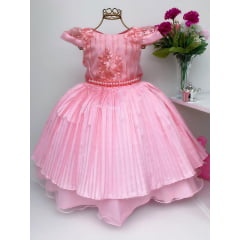 Vestido Infantil Rosa Saia Plissada Luxo Cinto em Pérola