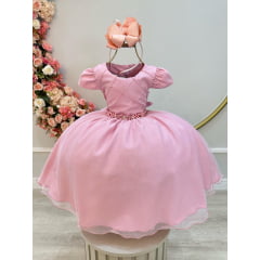 Vestido Infantil Rose Busto Nervura Cinto de Pérolas e Strass