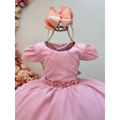 Vestido Infantil Rose Busto Nervura Cinto de Pérolas e Strass