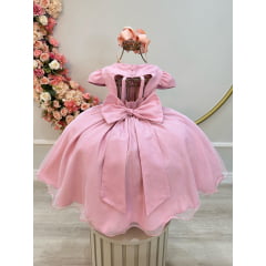 Vestido Infantil Rose Busto Nervura Cinto de Pérolas e Strass