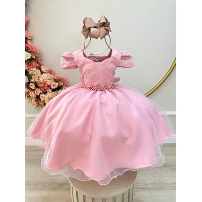 Vestido Infantil Rose Busto Nervura Daminhas Festas