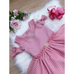 Vestido Infantil Rosê C/ Cinto de Pérolas Strass Luxo