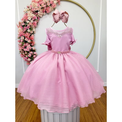 Vestido Infantil Rosê C/ Cinto de Pérolas Strass Luxo