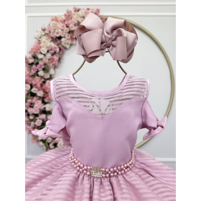 Vestido Infantil Rosê C/ Cinto de Pérolas Strass Luxo