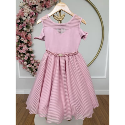 Vestido Infantil Rosê C/ Cinto de Pérolas Strass Luxo