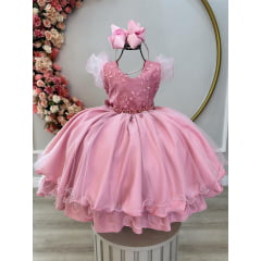 Vestido Infantil Rose C/ Renda e Pérolas Strass Damas